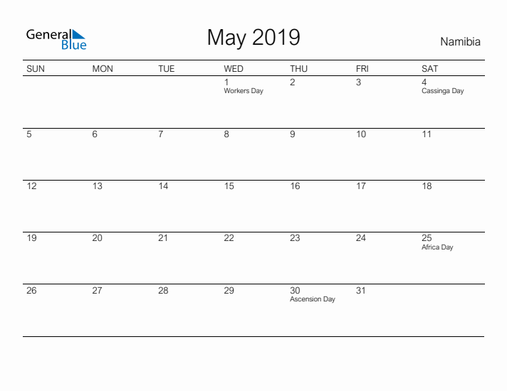 Printable May 2019 Calendar for Namibia