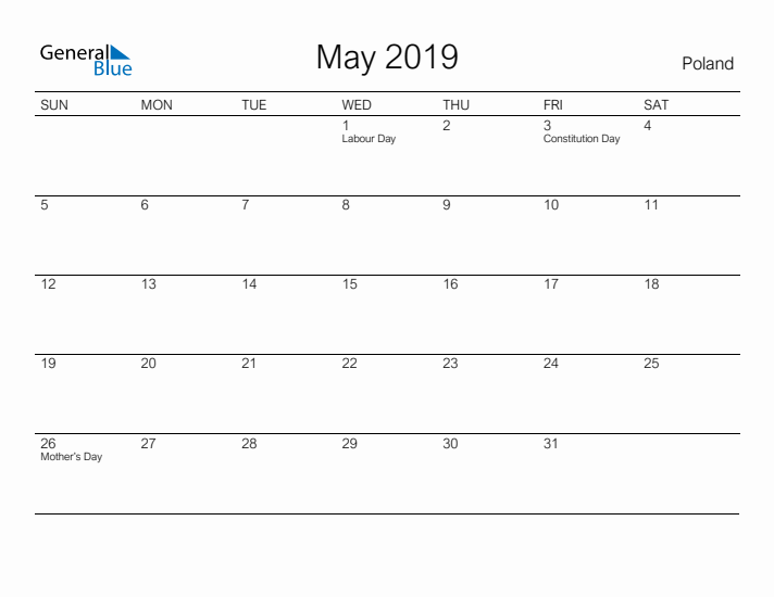 Printable May 2019 Calendar for Poland