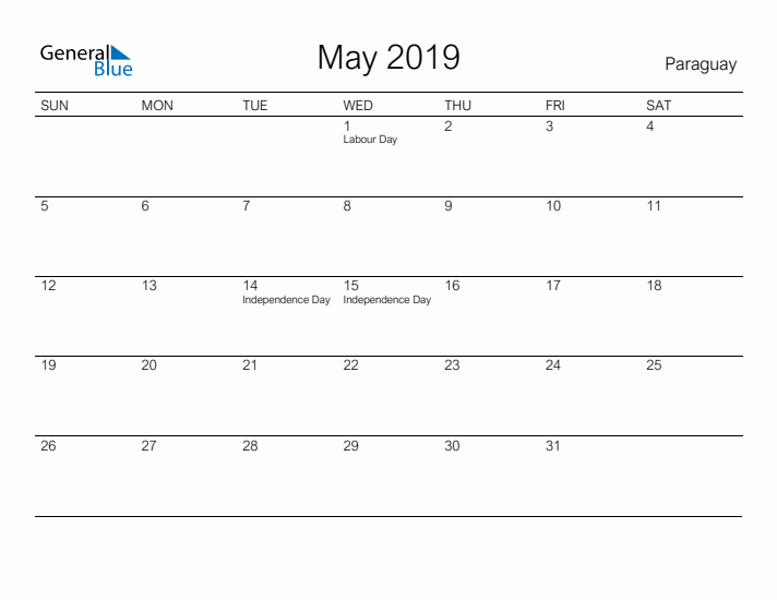 Printable May 2019 Calendar for Paraguay