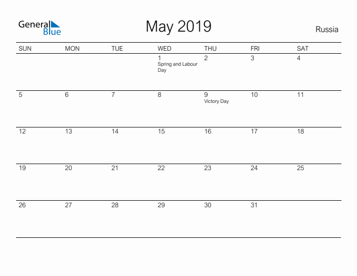 Printable May 2019 Calendar for Russia