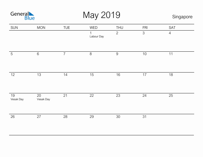 Printable May 2019 Calendar for Singapore