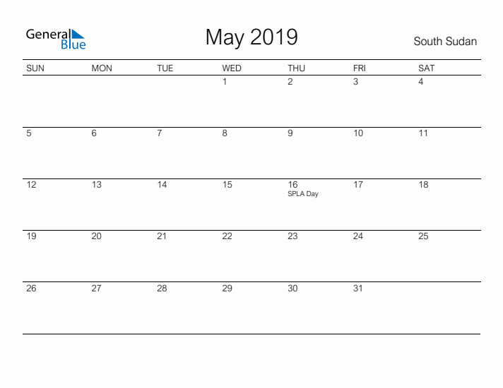 Printable May 2019 Calendar for South Sudan