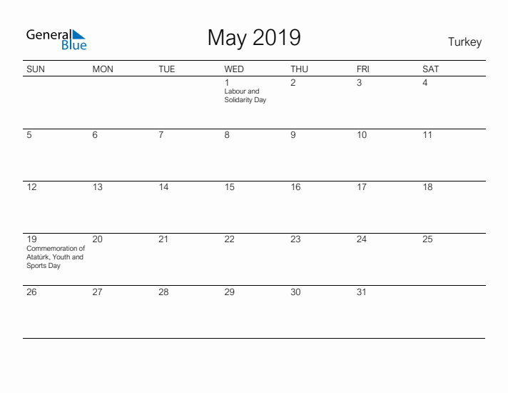 Printable May 2019 Calendar for Turkey