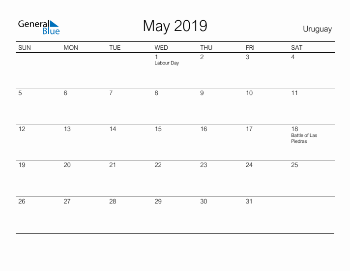 Printable May 2019 Calendar for Uruguay