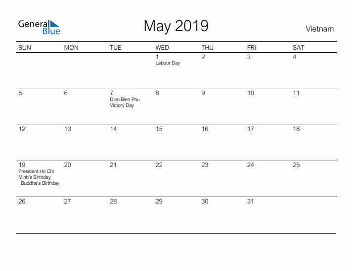 Printable May 2019 Calendar for Vietnam