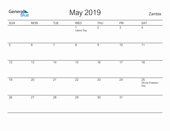 Printable May 2019 Calendar for Zambia