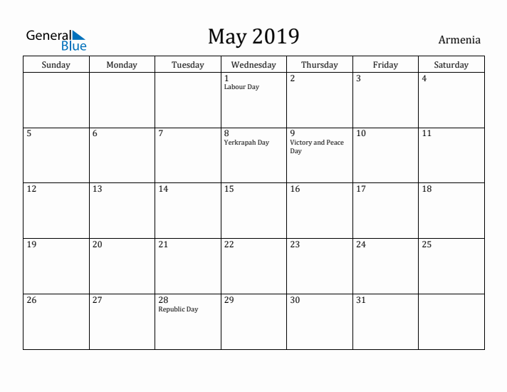 May 2019 Calendar Armenia