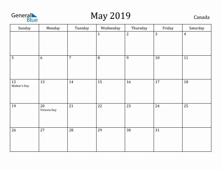 May 2019 Calendar Canada