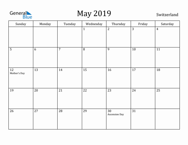 May 2019 Calendar Switzerland