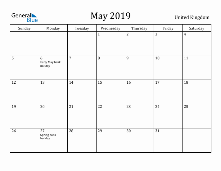 May 2019 Calendar United Kingdom