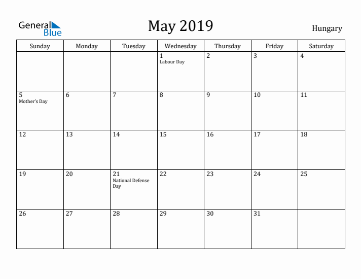 May 2019 Calendar Hungary