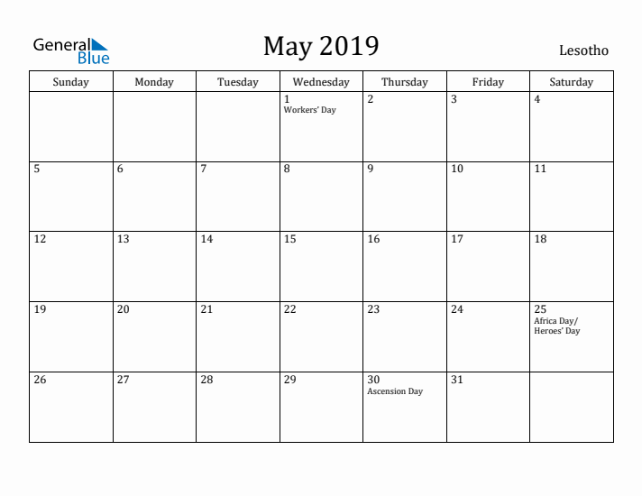 May 2019 Calendar Lesotho