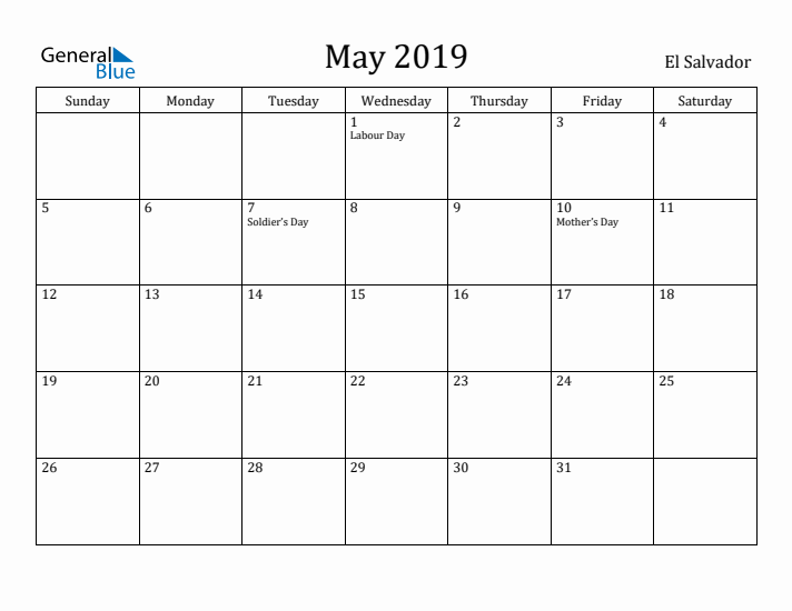 May 2019 Calendar El Salvador