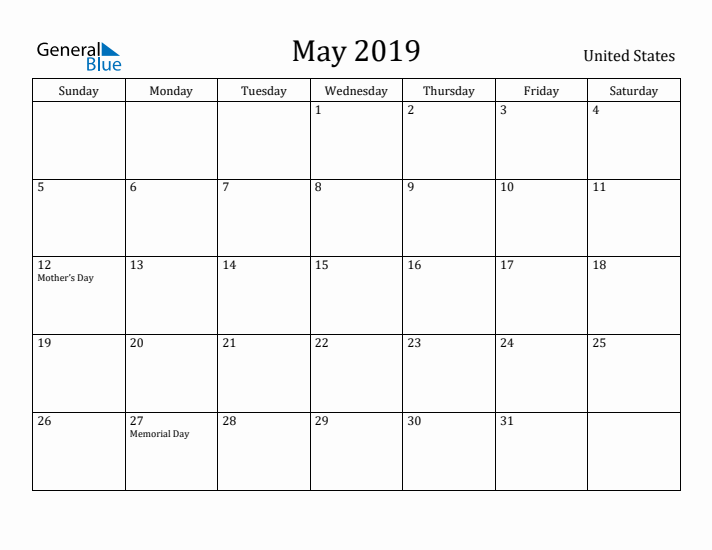 May 2019 Calendar United States