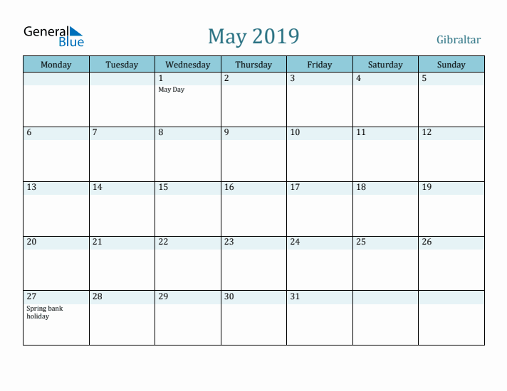 May 2019 Calendar with Holidays