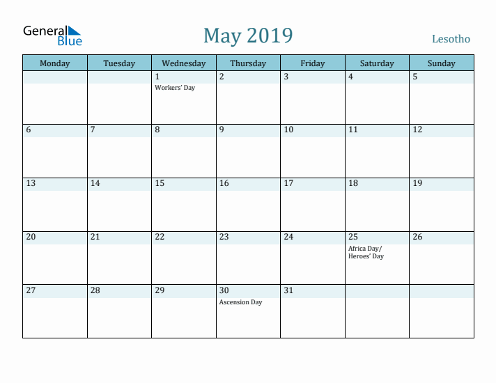 May 2019 Calendar with Holidays