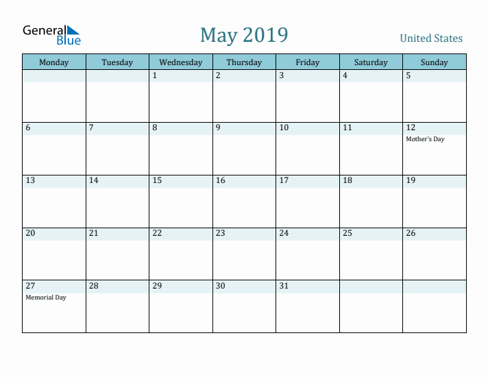 May 2019 Calendar with Holidays