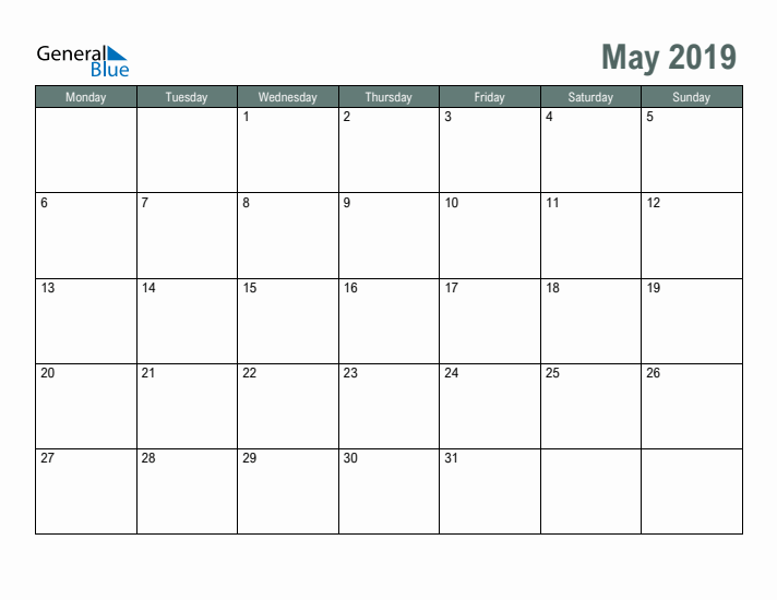 Free Printable May 2019 Calendar