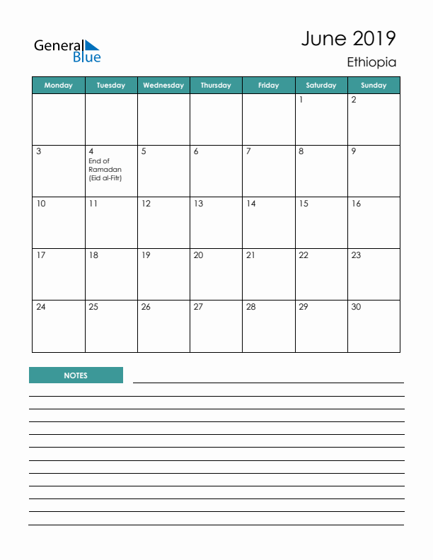 Calendar with Notes Printable - Monday Start