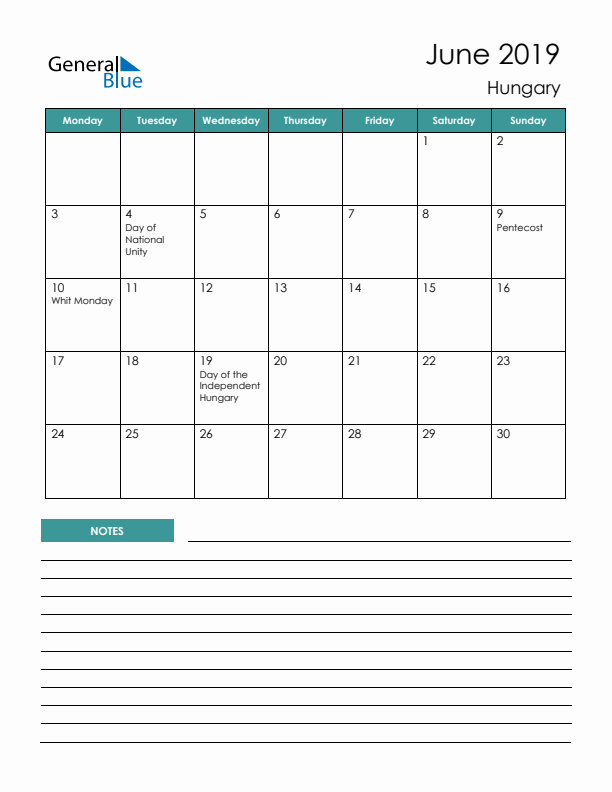 Calendar with Notes Printable - Monday Start