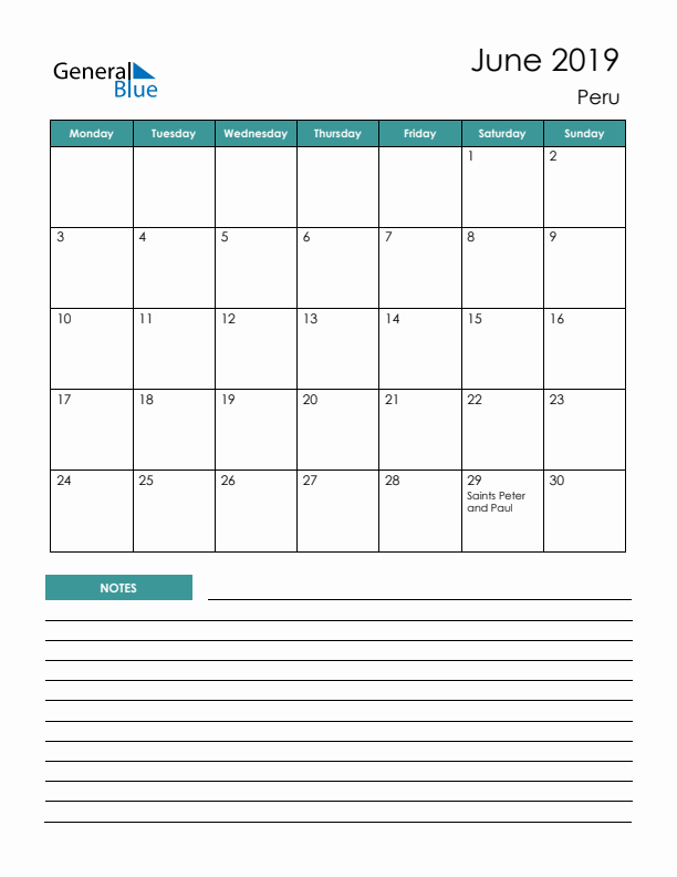 Calendar with Notes Printable - Monday Start