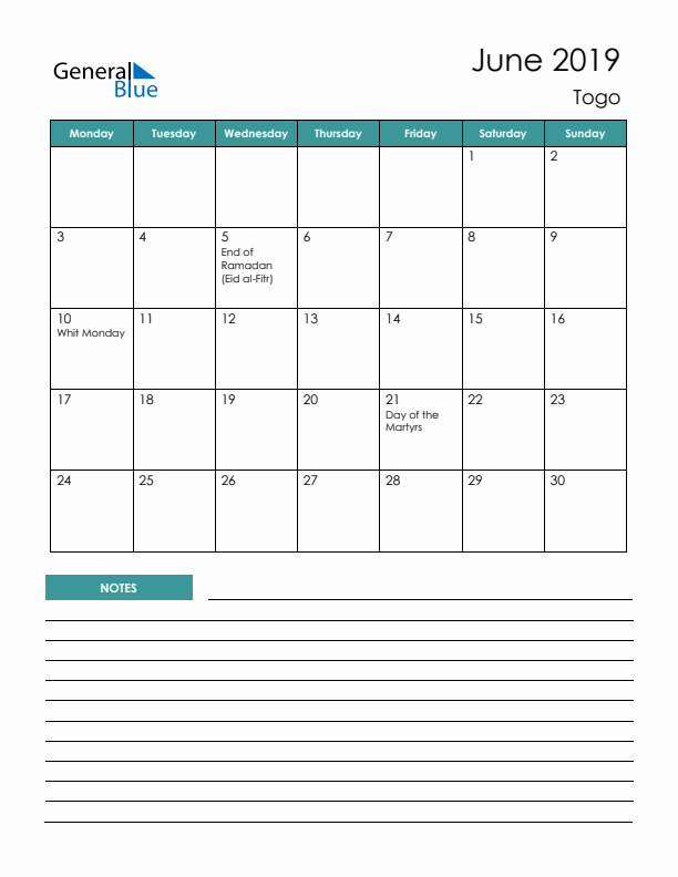 Calendar with Notes Printable - Monday Start