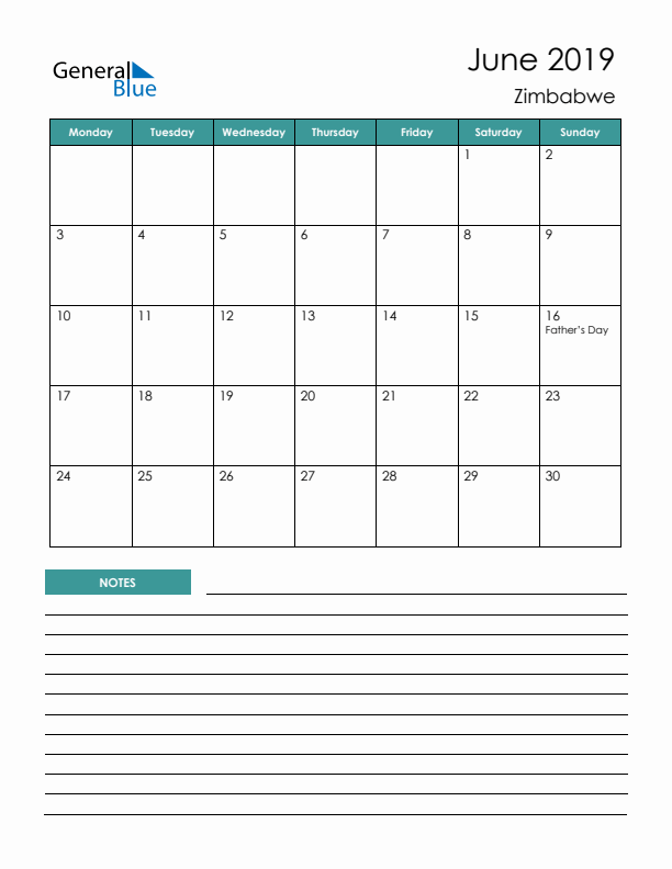 Calendar with Notes Printable - Monday Start