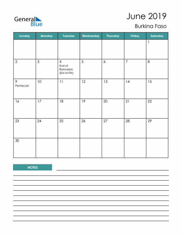 Calendar with Notes Printable - Sunday Start