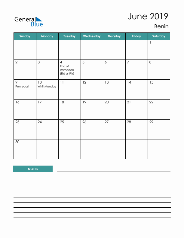 Calendar with Notes Printable - Sunday Start