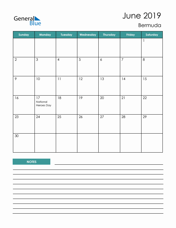 Calendar with Notes Printable - Sunday Start