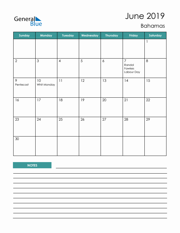 Calendar with Notes Printable - Sunday Start