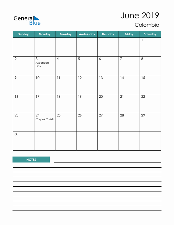 Calendar with Notes Printable - Sunday Start