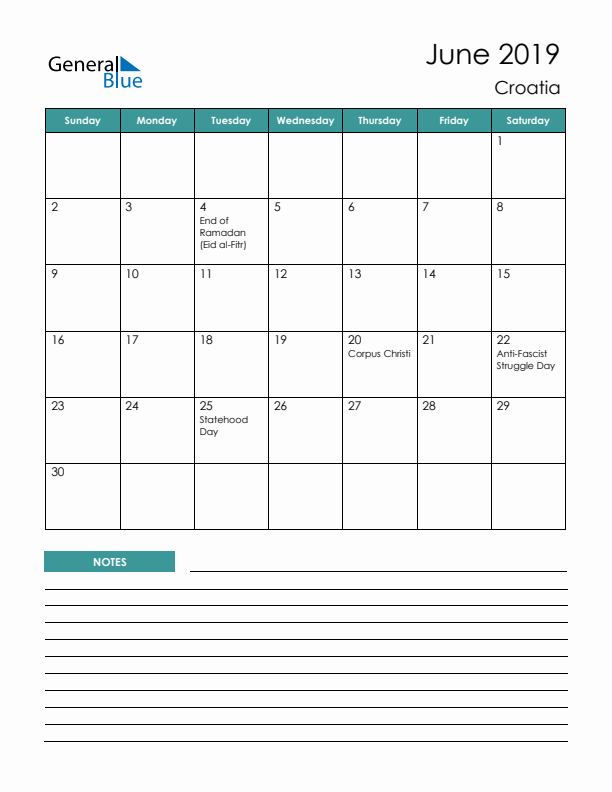 Calendar with Notes Printable - Sunday Start