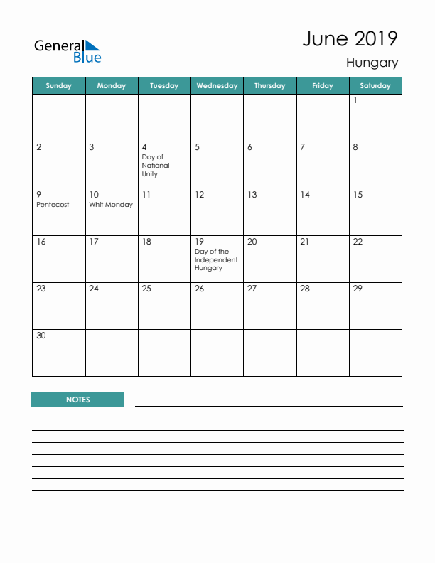 Calendar with Notes Printable - Sunday Start