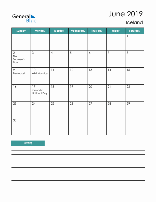 Calendar with Notes Printable - Sunday Start