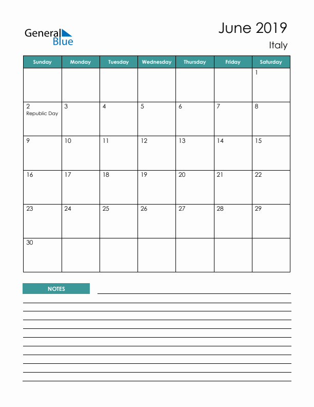 Calendar with Notes Printable - Sunday Start