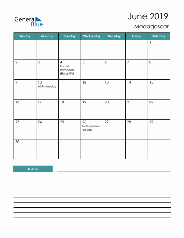 Calendar with Notes Printable - Sunday Start