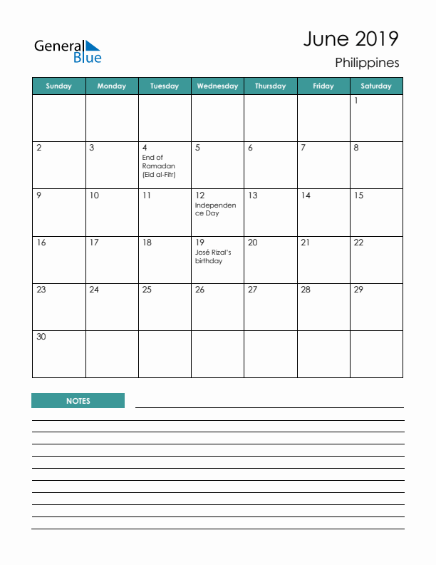 Calendar with Notes Printable - Sunday Start