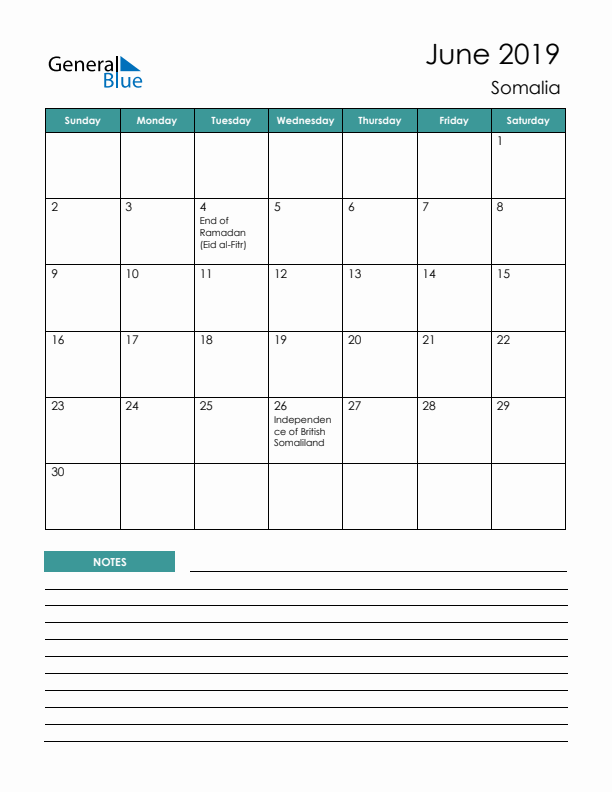 Calendar with Notes Printable - Sunday Start