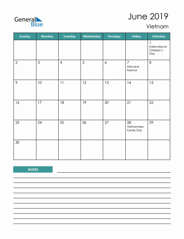 Calendar with Notes Printable - Sunday Start