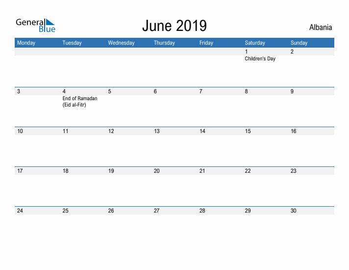 Fillable June 2019 Calendar