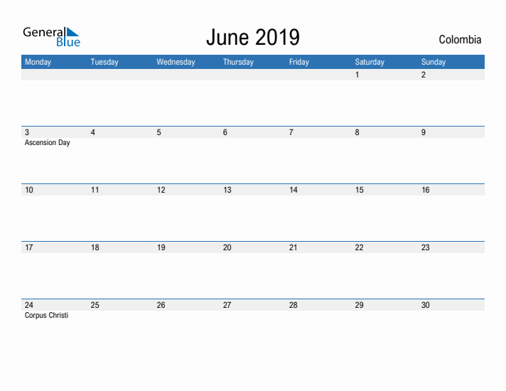 Fillable June 2019 Calendar