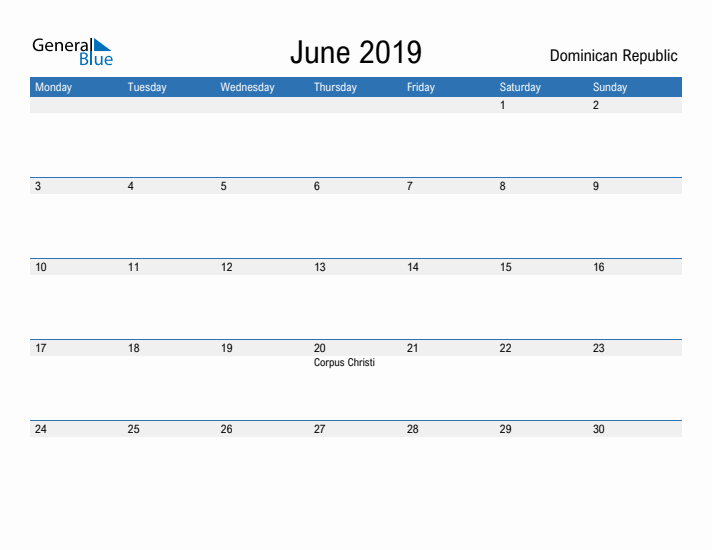 Fillable June 2019 Calendar