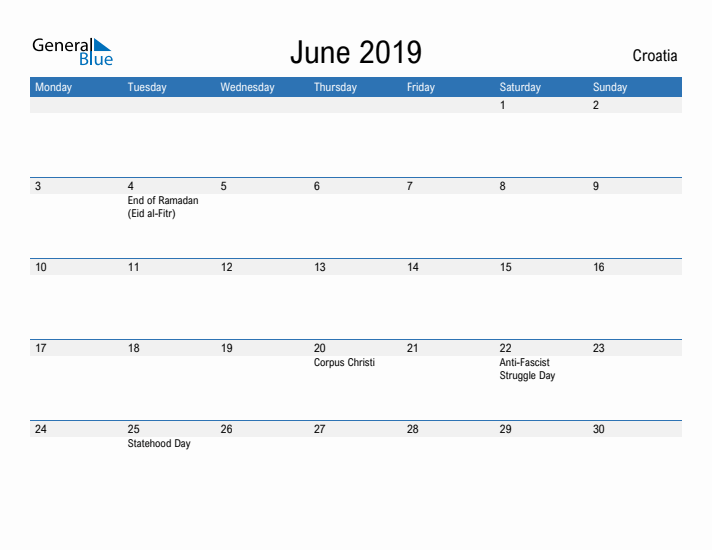 Fillable June 2019 Calendar