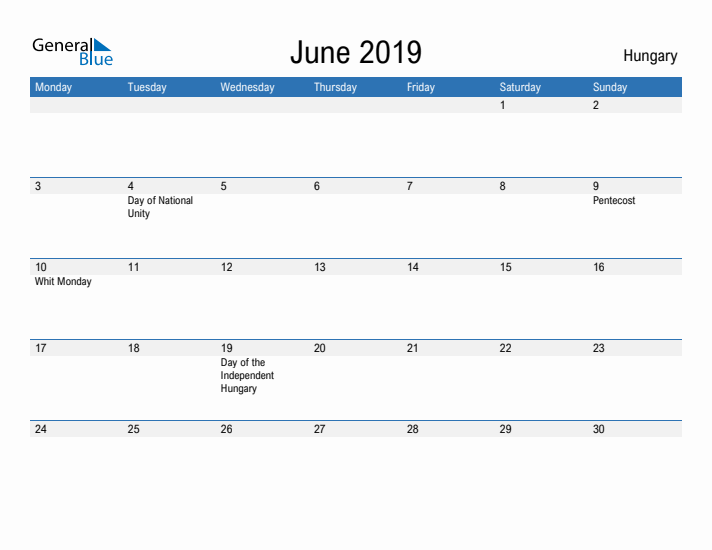 Fillable June 2019 Calendar