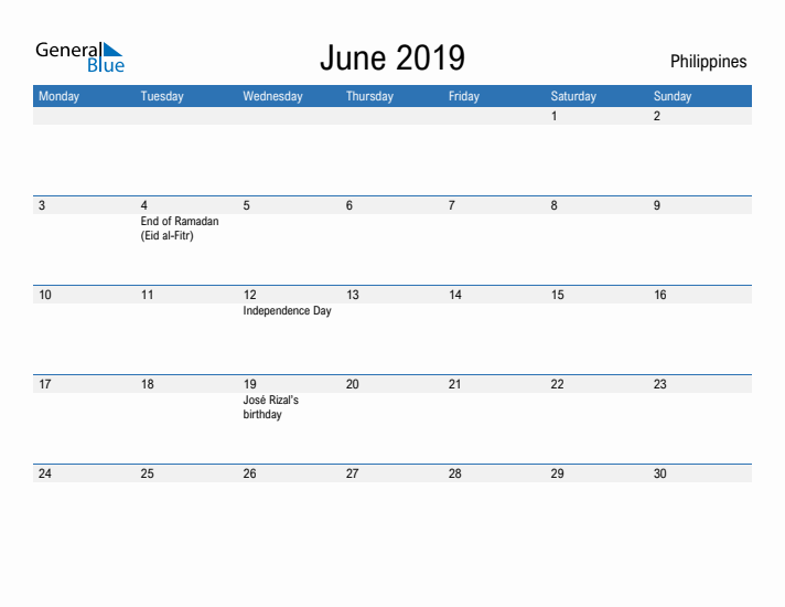 Fillable June 2019 Calendar