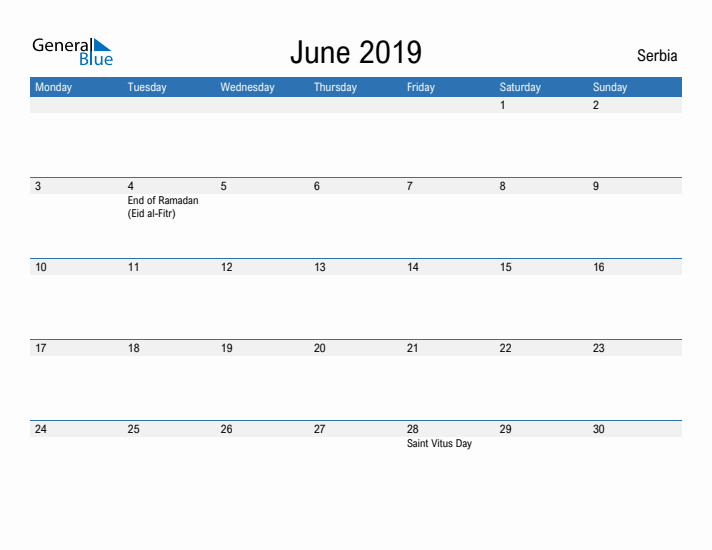 Fillable June 2019 Calendar