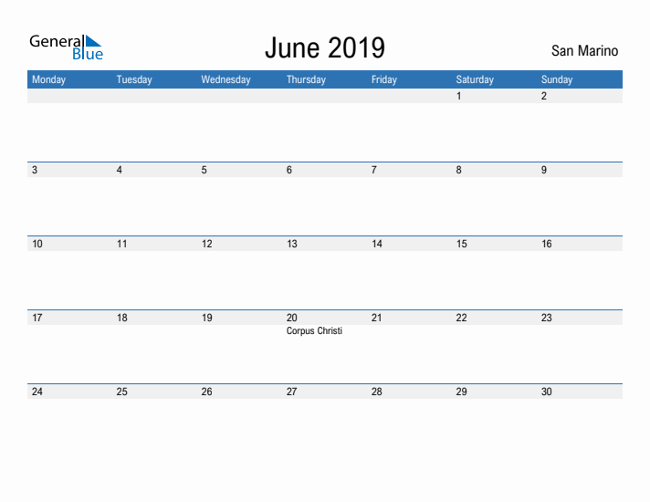 Fillable June 2019 Calendar