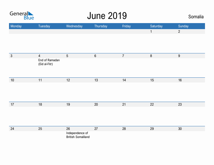 Fillable June 2019 Calendar