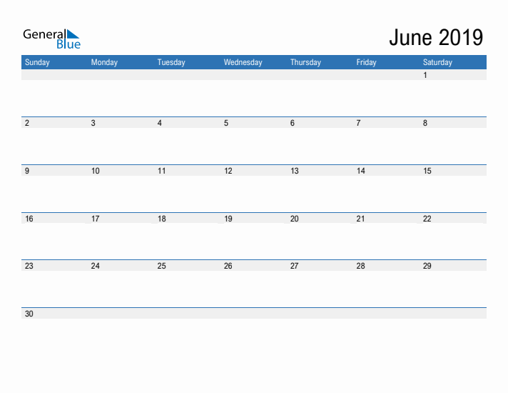 Fillable Calendar for June 2019